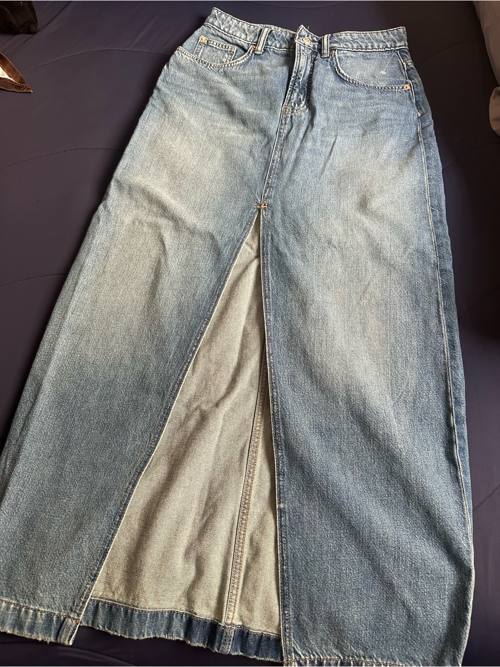 Free people Mid Wash Denim Maxi Skirt with Front Slit